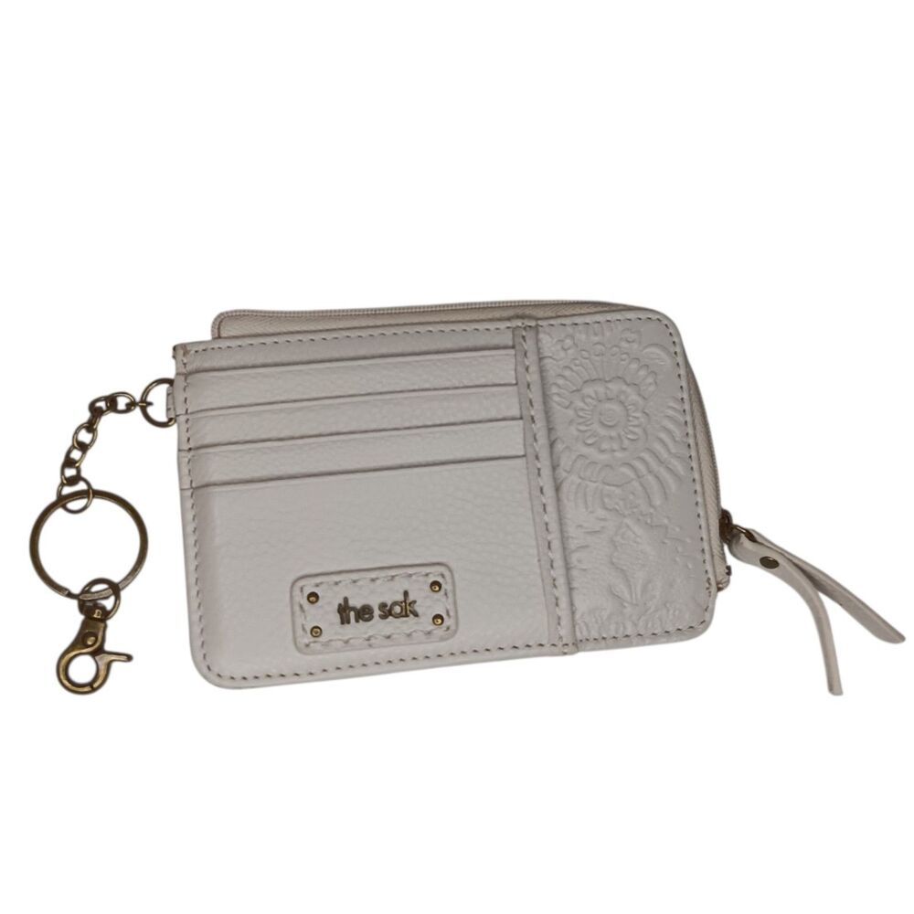 The Sak Beige Off White Iris Leather Card Case Wallet Key Ring Floral Design